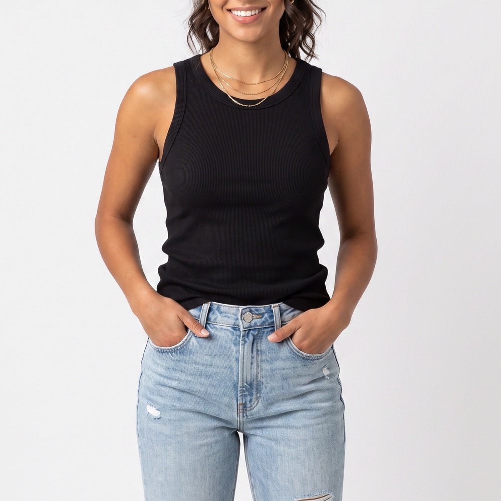 A New Day Tank Top Womens Large Ribbed Black Slim Fit Excellent
